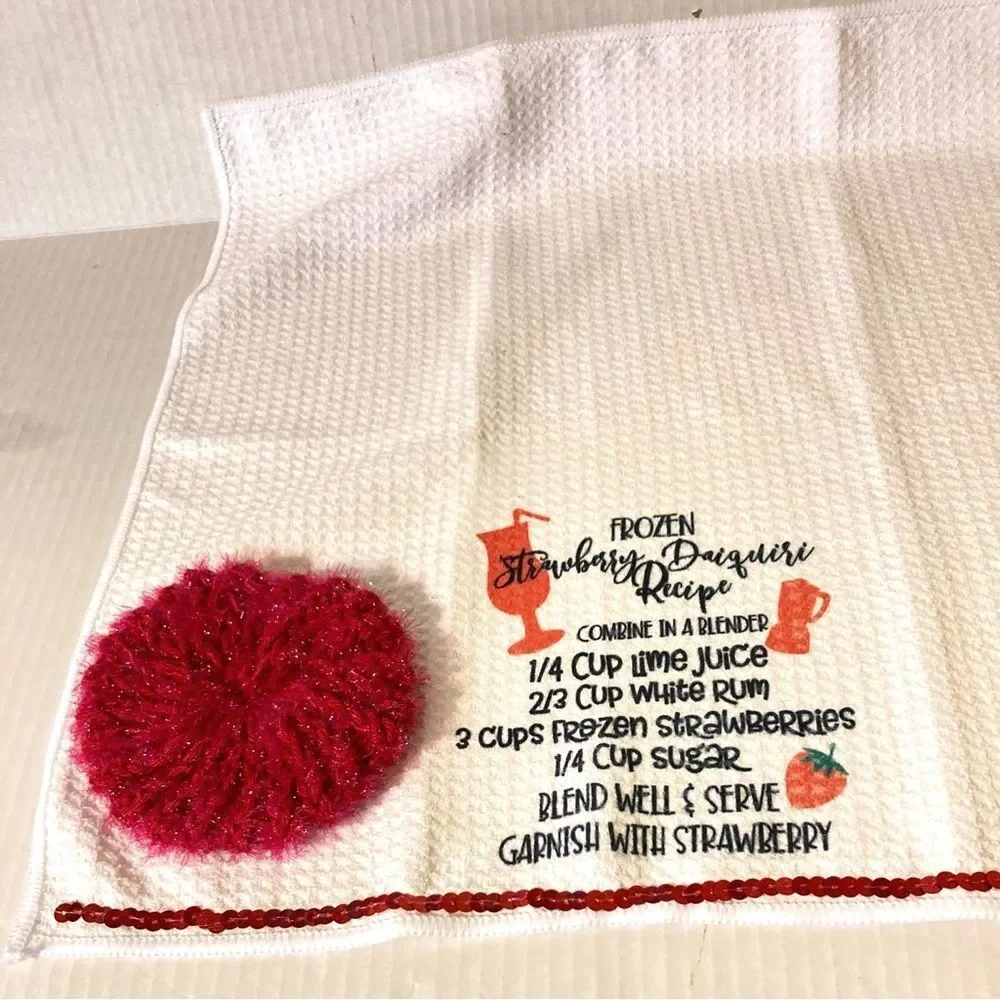 STRAWBERRY DAIQUIRI Bar Keeper Towel and Countertop Dish Glass Scrubby Gift Set